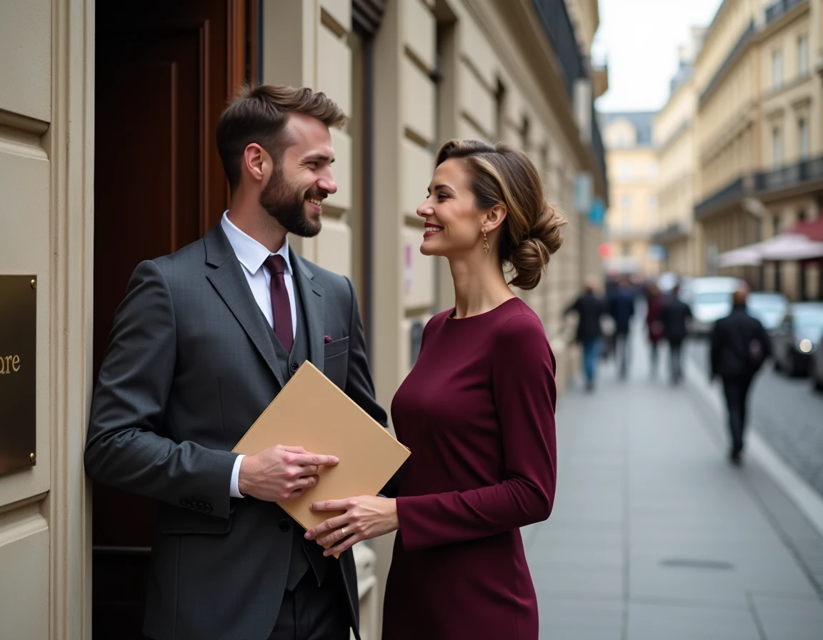 Couple élégant devant une étude notariale parisienne après signature d'un contrat de PACS ou de mariage