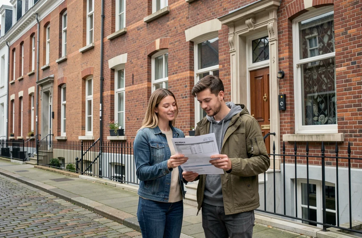Couple devant une maison en briques rouges à Roubaix consultant un devis d'assurance habitation