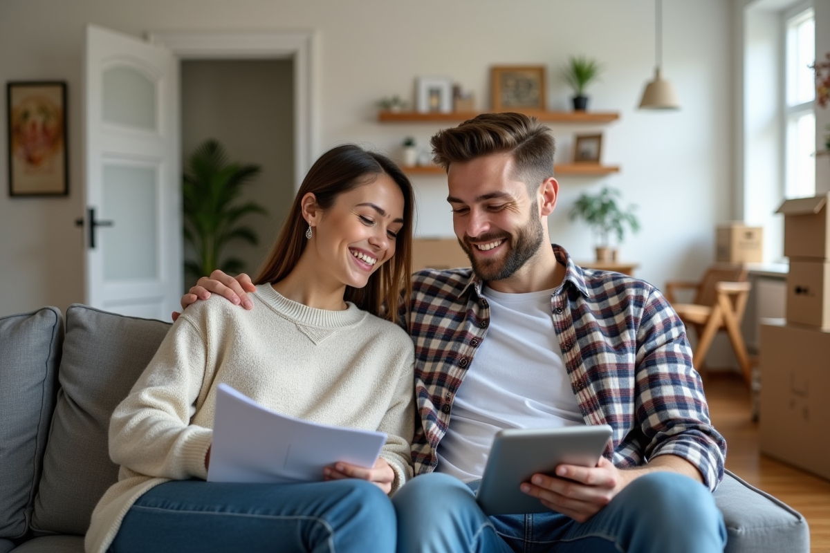 Jeune couple discutant de leur budget de déménagement sur un canapé