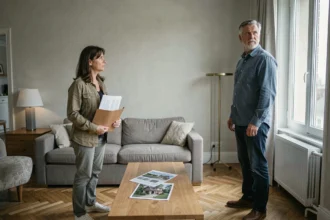 Couple en instance de divorce dans un salon de maison à vendre, documents immobiliers visibles, ambiance tendue et réaliste