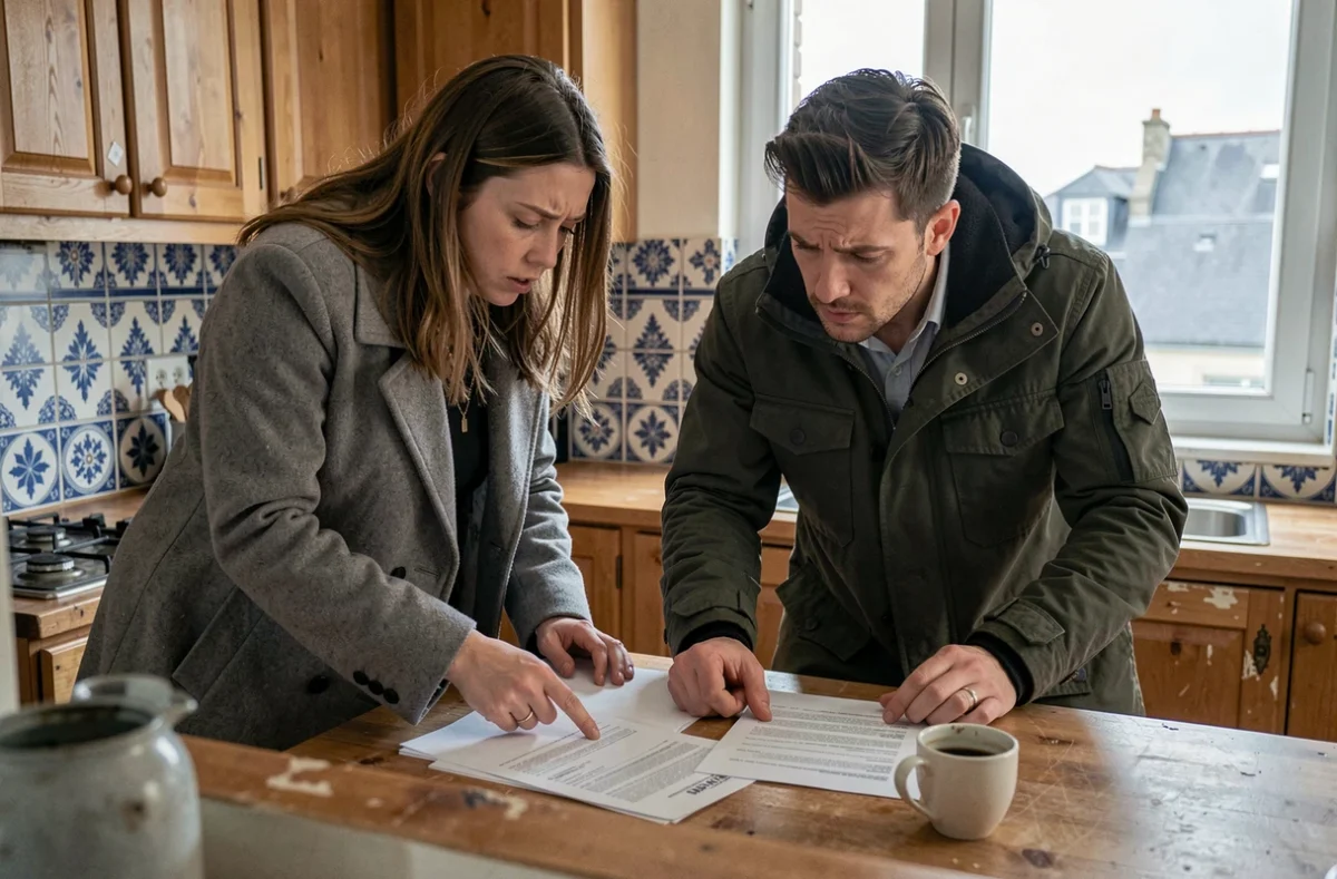 Couple analysant des documents de location dans une cuisine d'appartement meublé avec vue sur le port de Concarneau