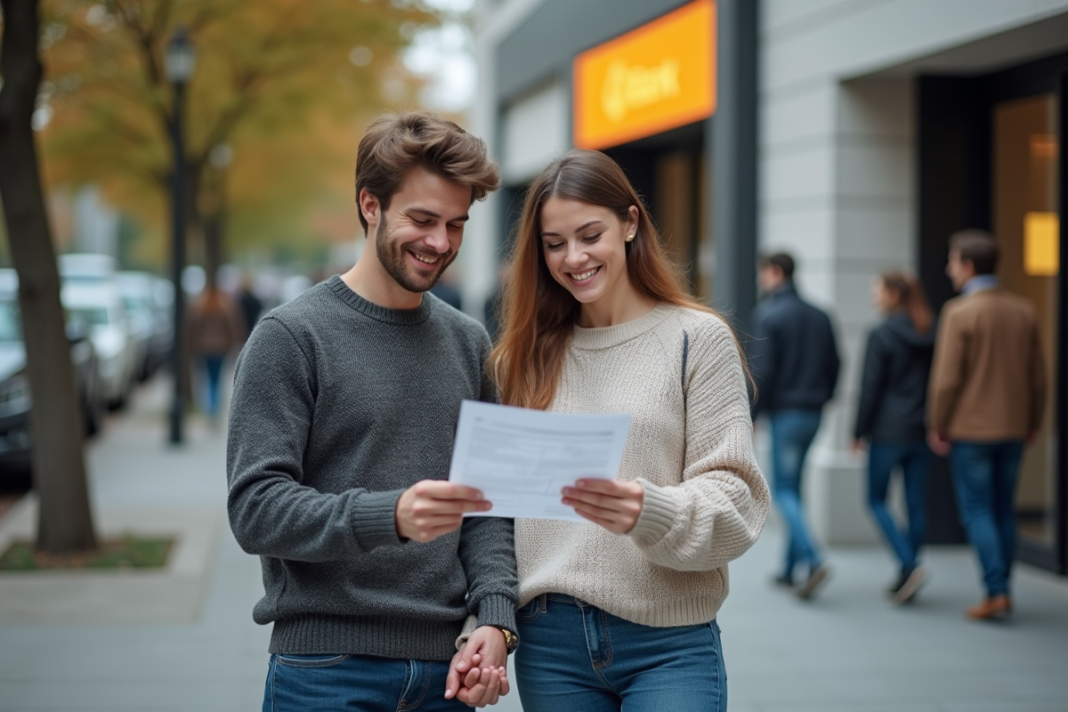 Jeune couple souriant devant une agence bancaire moderne