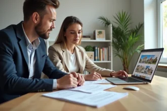 Couple d'investisseurs immobiliers consultant des documents et un ordinateur pour acheter un bien à louer en 2026