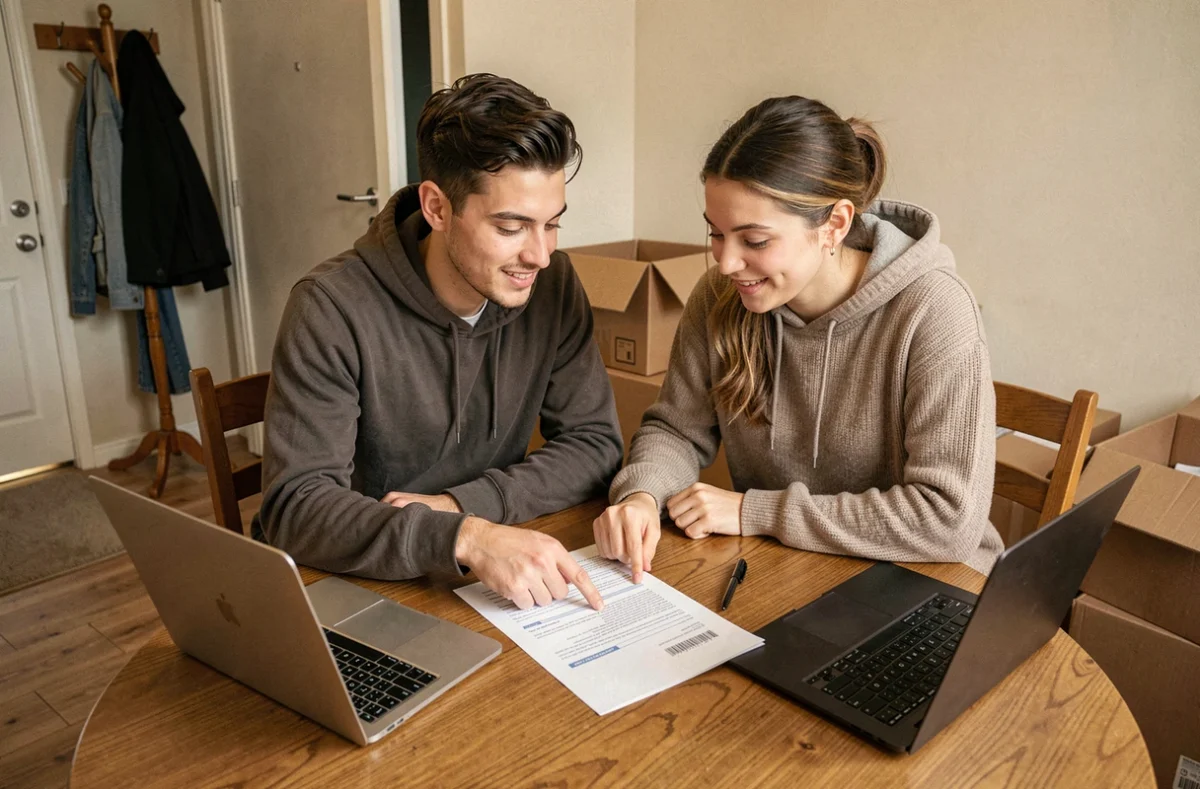 Couple de locataires vérifiant leur justificatif d'assurance habitation après un déménagement