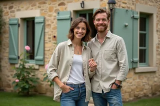 Couple de locataires devant une petite maison avec jardin à louer en Saône-et-Loire