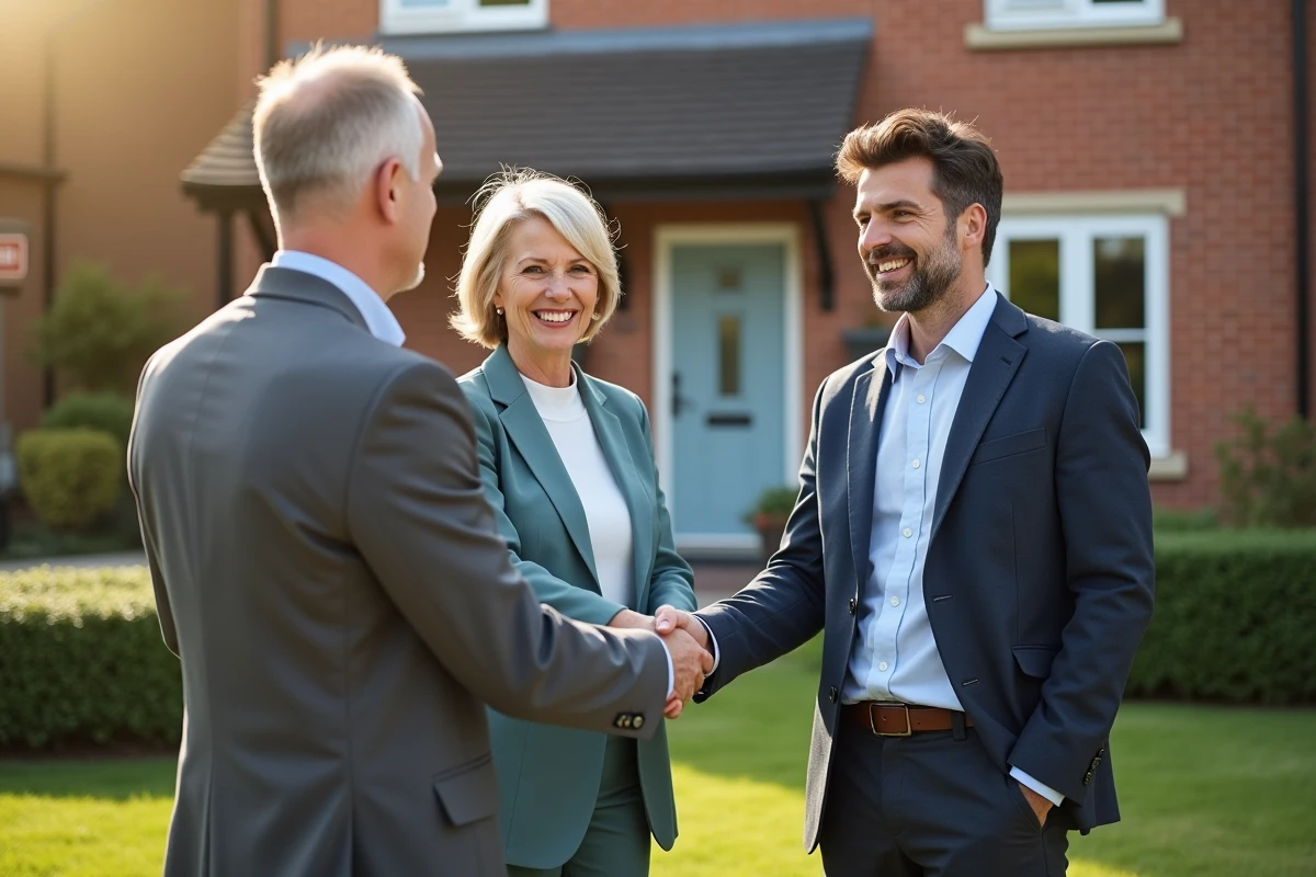 Couple devant maison en vente avec agent immobilier souriant