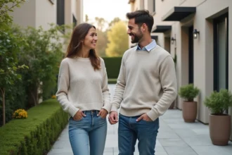 Jeune couple souriant dans un jardin en ville