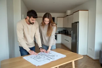 Jeune couple examinant les plans d'un appartement T2 lors d'un premier achat immobilier