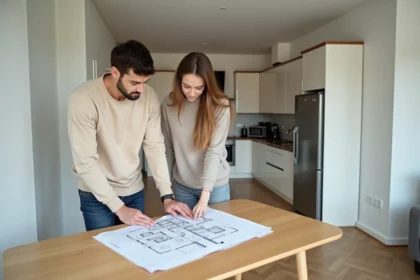 Jeune couple examinant les plans d'un appartement T2 lors d'un premier achat immobilier