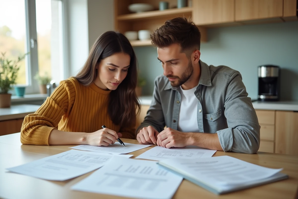Couple préparant un dossier de documents avant une consultation notaire gratuite