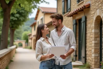 Jeune couple de primo-accédants devant une maison en pierre à Bergerac dans un quartier résidentiel abordable