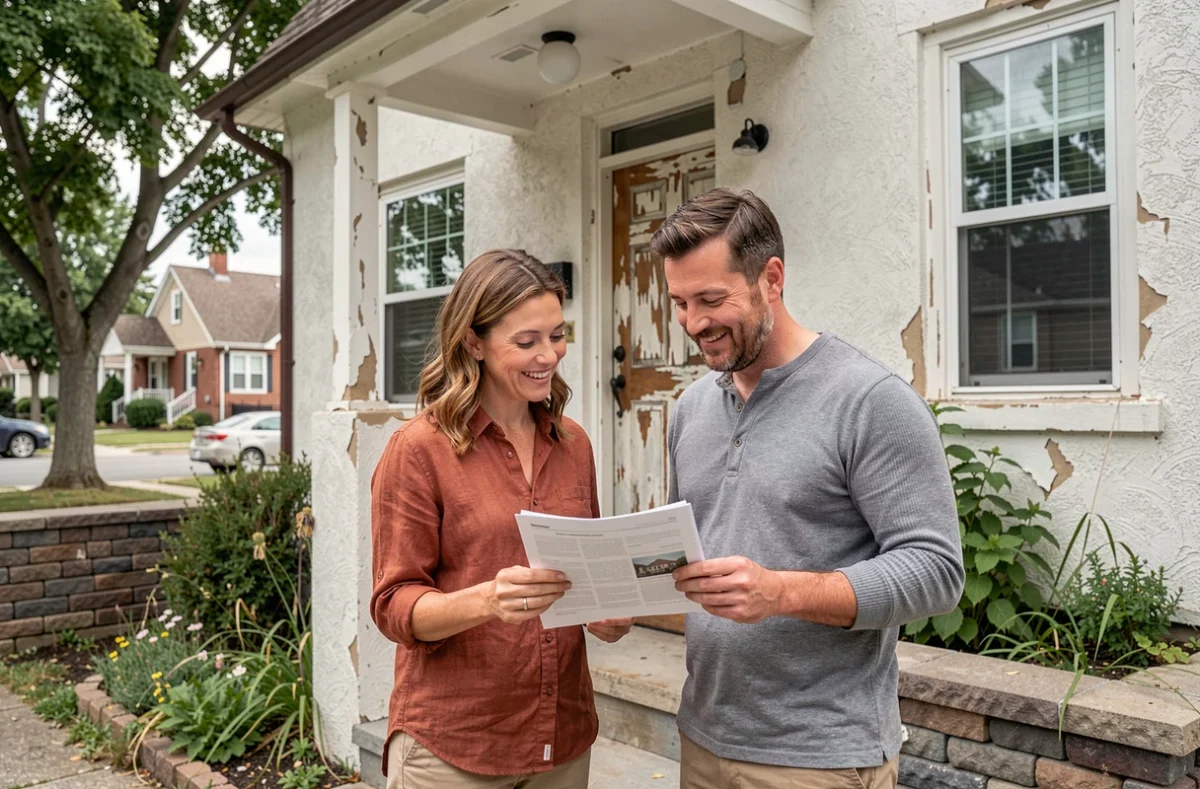 Couple consultant des documents immobiliers devant une maison à rénover en banlieue