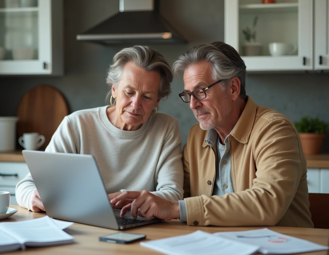 Couple consultant des informations juridiques sur un ordinateur portable concernant le compte séquestre de loyer