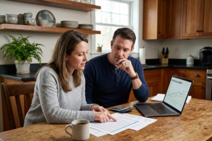 Couple examinant des documents de regroupement de crédits immobiliers autour d'une table en bois dans une cuisine familiale
