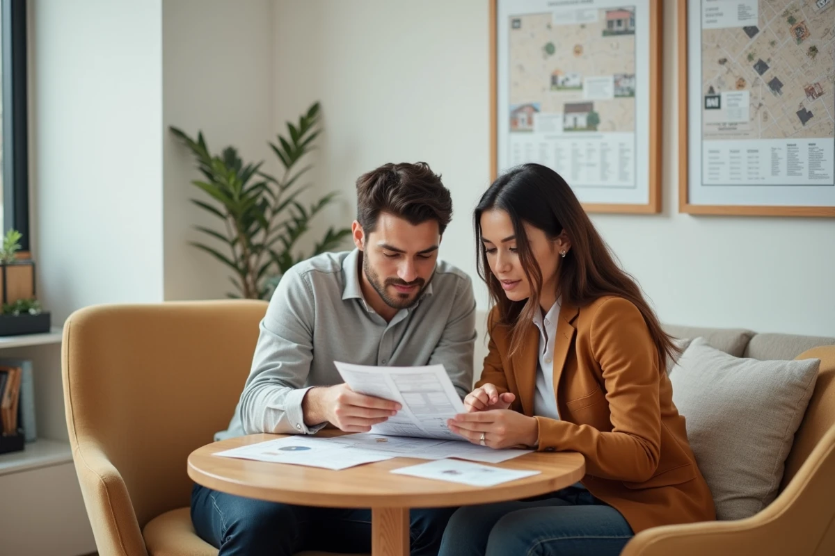 Couple étudiant des documents de comparaison de biens immobiliers dans la salle d'attente d'une agence immobilière