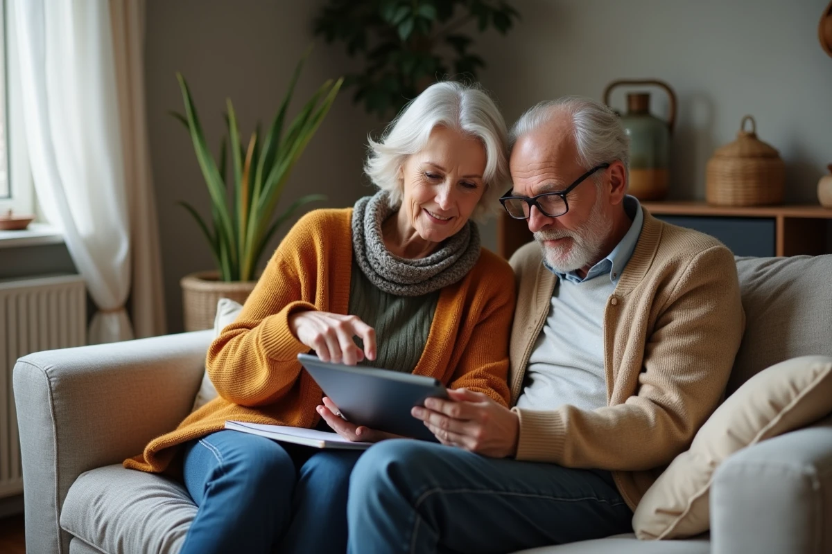 Couple suivant et mettant à jour leur demande de logement social ensemble depuis leur salon