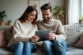 Jeune couple partageant une visite virtuelle de maison