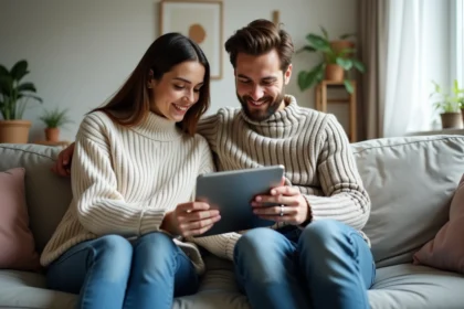 Jeune couple partageant une visite virtuelle de maison