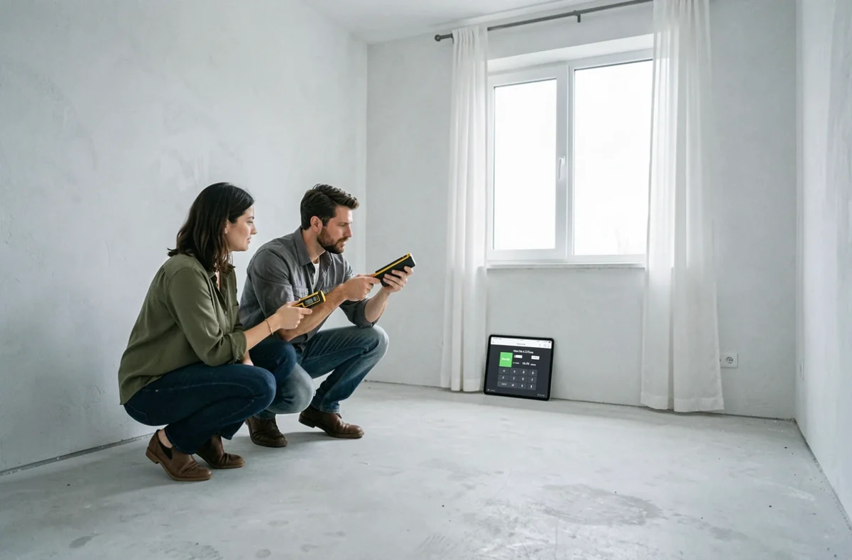 Couple utilisant un télémètre laser et une tablette pour calculer la superficie en m2 d'une chambre vide