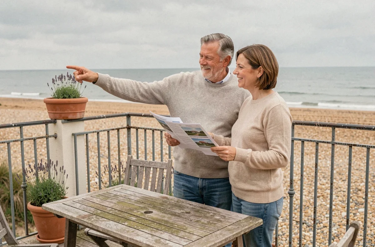 Couple examinant des offres immobilières sur une terrasse en bord de mer en Normandie