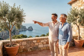 Couple regardant la mer depuis une terrasse en pierre dans les quartiers sud de Marseille