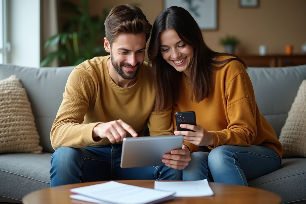 Couple vérifiant ensemble un code Action Logement sur une tablette dans leur salon pour éviter les erreurs de saisie