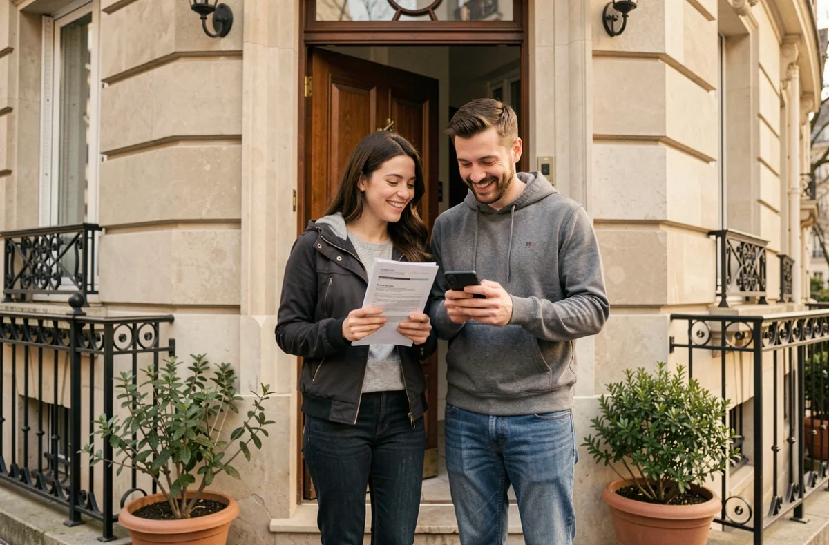 Couple visitant un appartement en location et consultant une plateforme immobilière sur smartphone devant un immeuble haussmannien après une mutation professionnelle