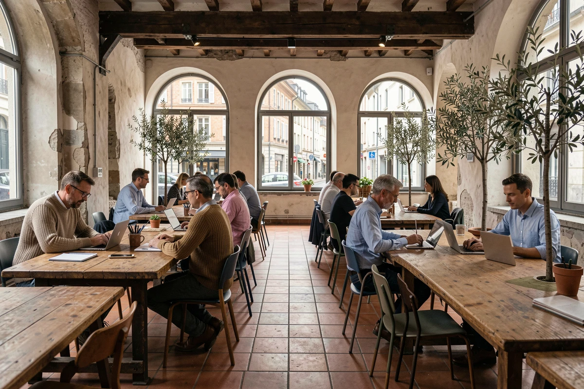 Espace de coworking dans un bâtiment historique rénové de l'hyper-centre de Grenoble avec des professionnels en télétravail
