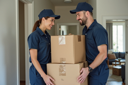 Deux déménageurs souriants avec cartons dans un appartement