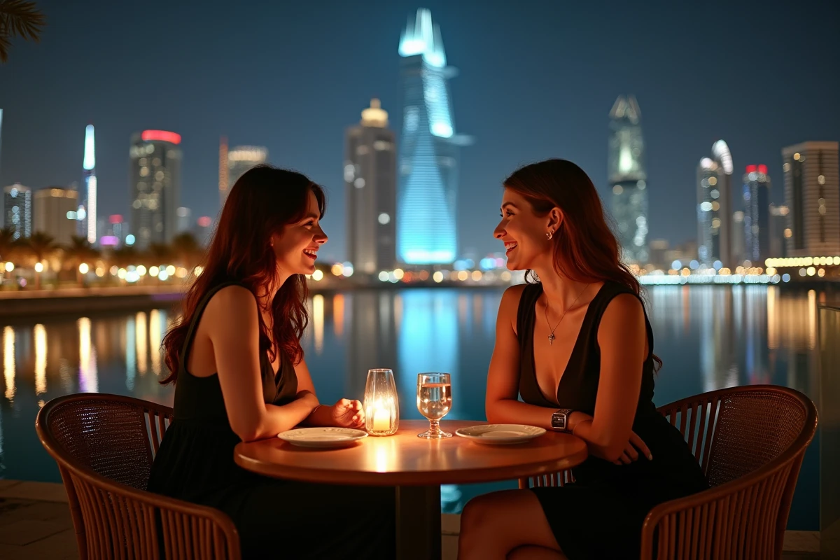 Deux femmes discutant au cafe avec la tour Almas en fond