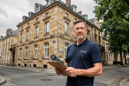 Diagnostiqueur immobilier professionnel devant un bâtiment traditionnel lorrain en Meurthe-et-Moselle avec équipement de diagnostic
