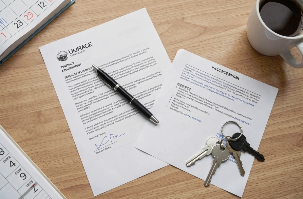 Documents d'assurance habitation et contrat de location posés sur un bureau étudiant