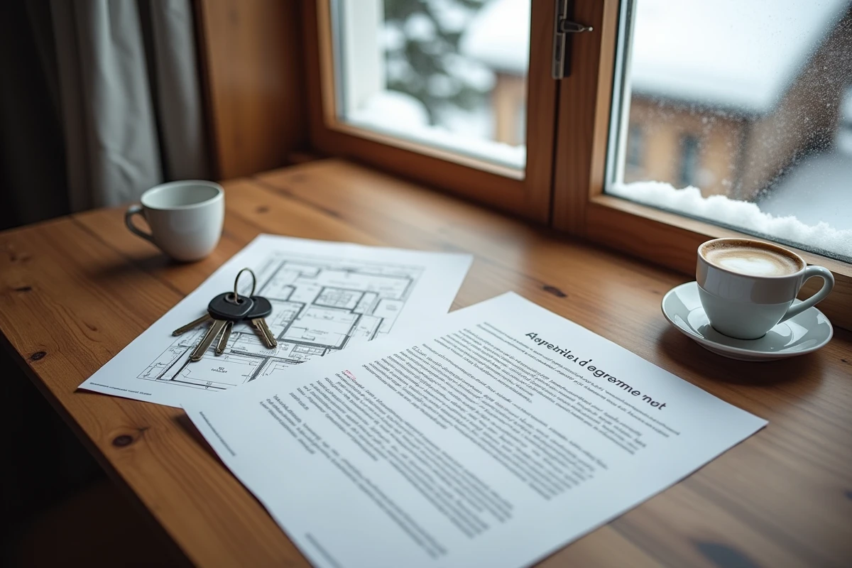 Documents de location saisonnière et clés d'appartement sur un bureau dans une résidence de ski aux Menuires