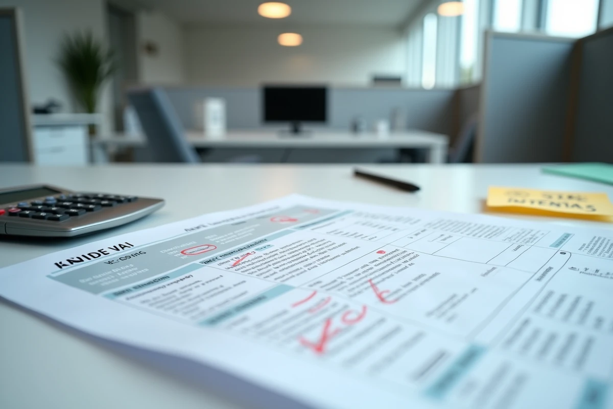 Gros plan sur un dossier de contrôle fiscal TVA ouvert avec déclarations annotées et factures corrigées sur un bureau administratif