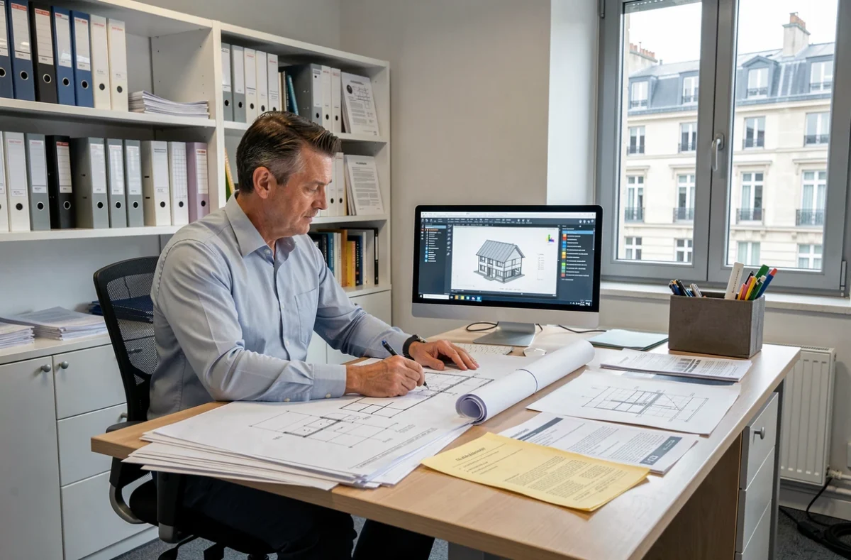 Ingénieur du bureau ECIB analysant des plans et rapports de diagnostics immobiliers complets dans son bureau professionnel