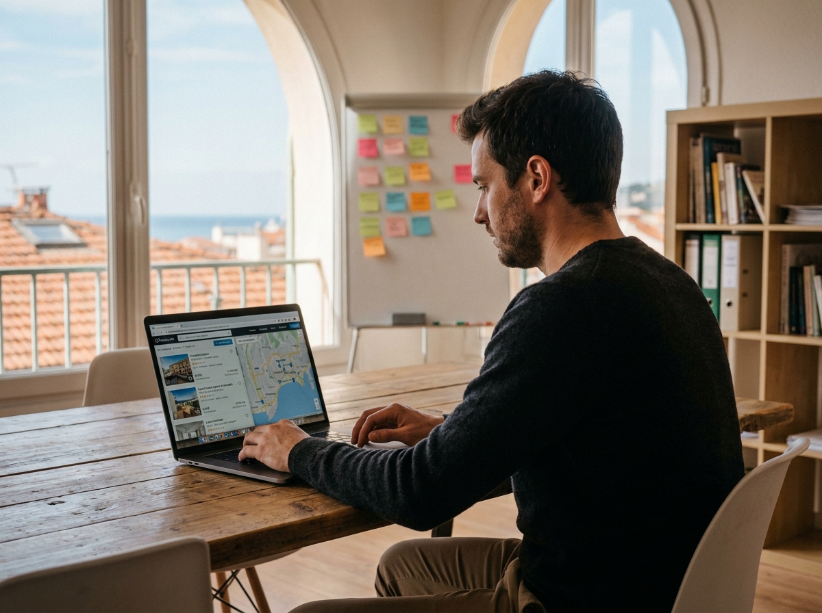 Jeune entrepreneur recherchant des bureaux à Nice sur ordinateur portable dans un incubateur de start-up avec vue sur les toits de la Côte d'Azur