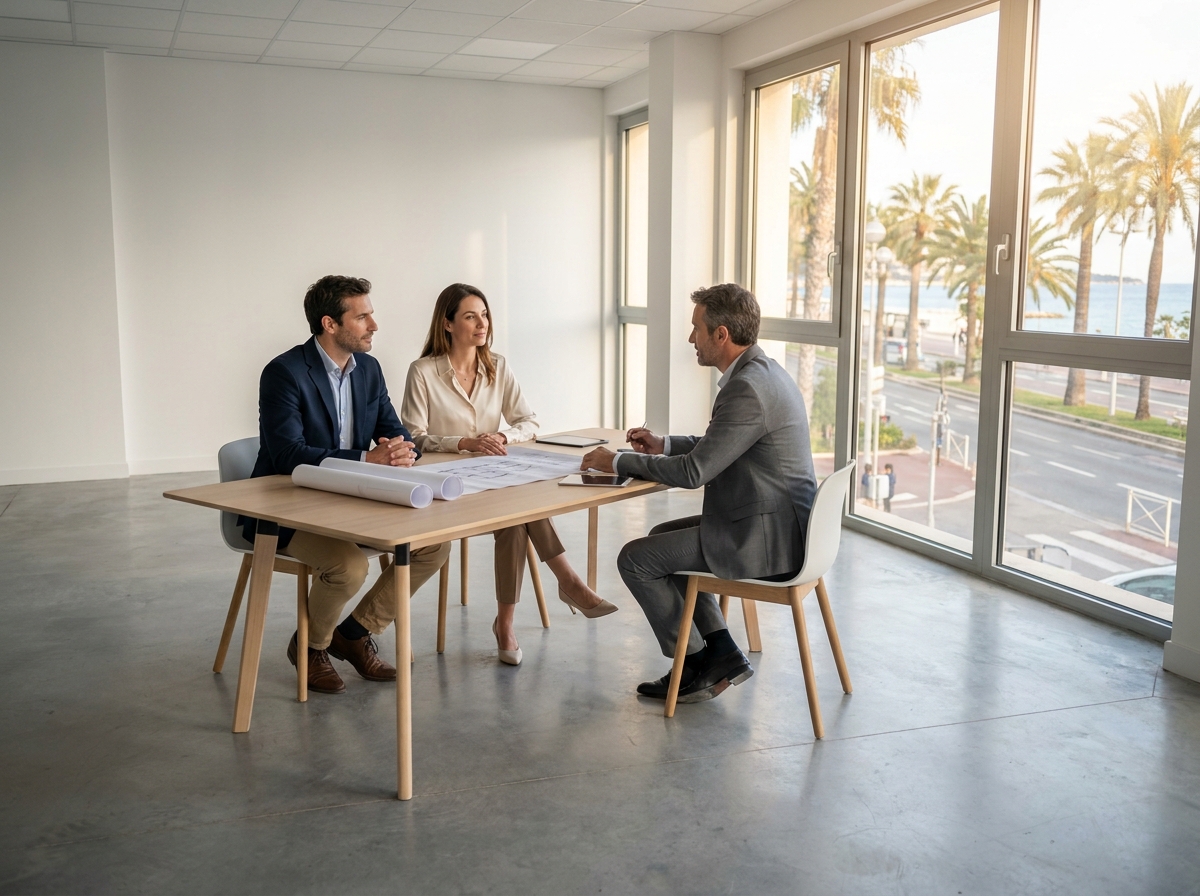 Deux entrepreneurs en réunion avec un agent immobilier pour louer des bureaux à Nice, espace vide avec vue sur les palmiers de la Côte d'Azur