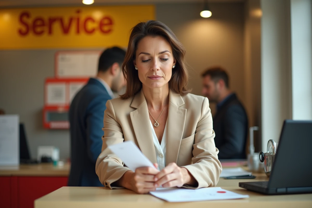 Femme envoyant une lettre de préavis recommandée au comptoir d'un bureau de poste français