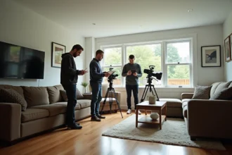 Équipe de tournage professionnelle installant du matériel dans un salon moderne pour une location de maison