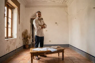 Vendeur immobilier frustré dans un appartement vide à Marrakech avec contrat de vente sur table en cèdre