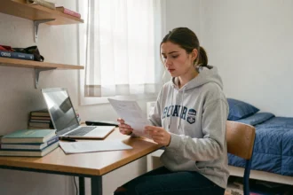 Étudiante dans un logement Crous consultant des documents d'assurance habitation à son bureau