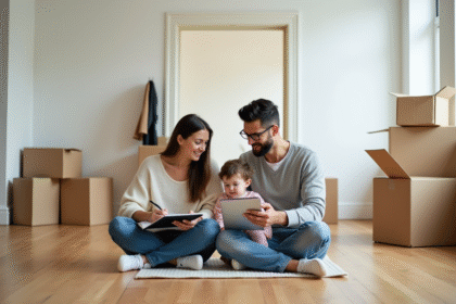 Famille planifiant leur déménagement dans un salon neuf