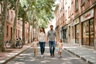 Famille se promenant dans une rue résidentielle typique de Toulouse avec des bâtiments en briques roses, quartier Montaudran-Lespinet