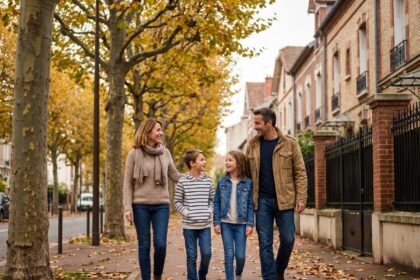 Famille souriante de quatre dans une rue de Colombes