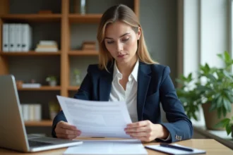 Femme d'affaires concentrée examinant un document dans un bureau moderne
