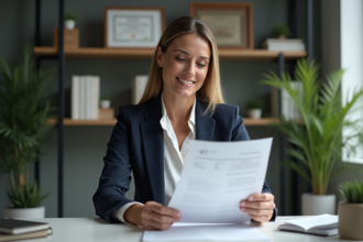 Femme d'affaires moyenne âge lit des documents dans un bureau moderne