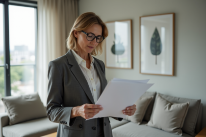 Femme d affaires examinant des documents immobiliers dans un salon lumineux