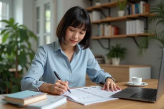 Femme à la maison annotant un tableau de conversion métrique
