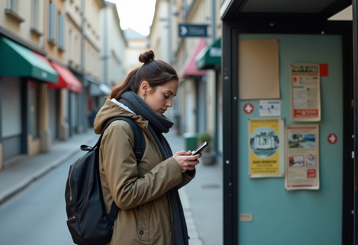 Jeune femme au bus à Chambéry vérifiant son téléphone