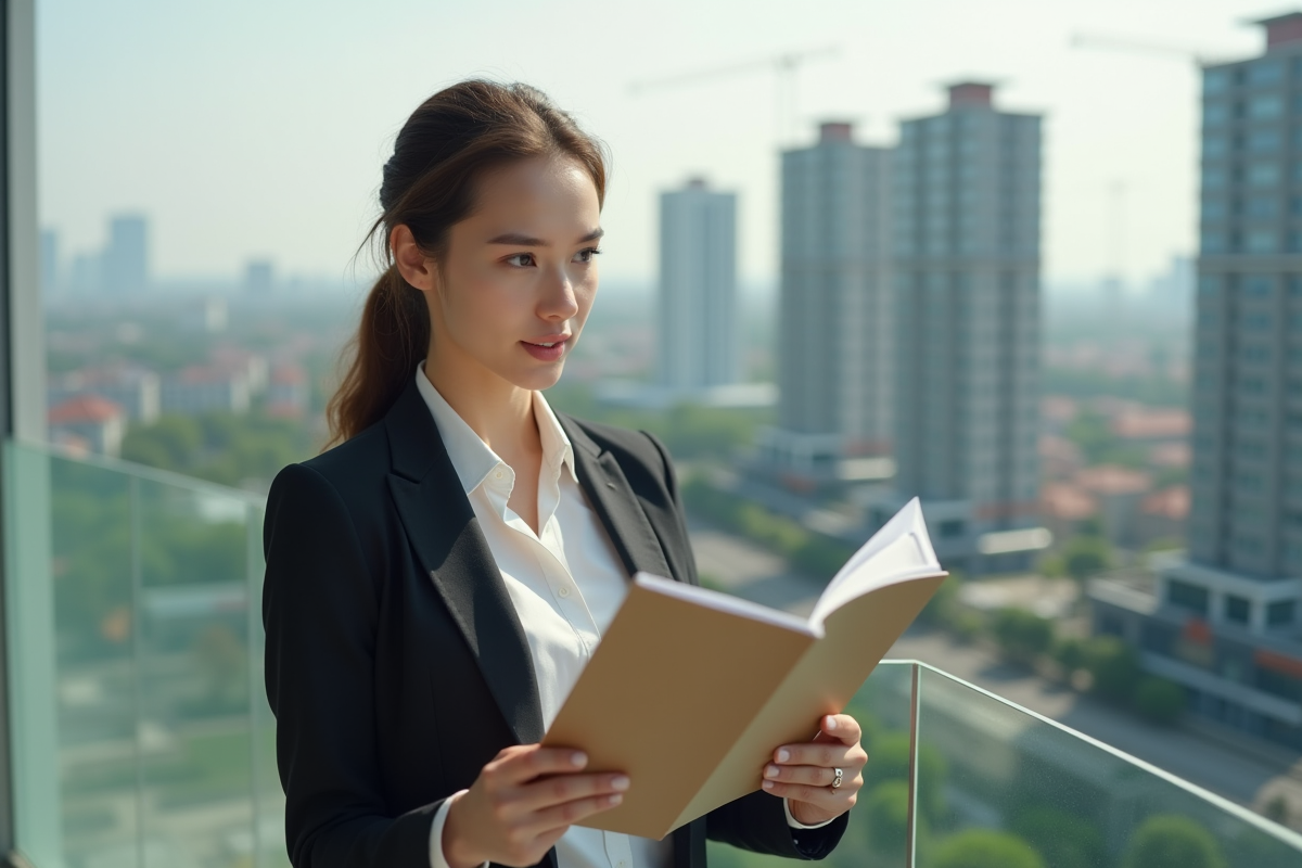 Jeune femme sur balcon d appartement en ville